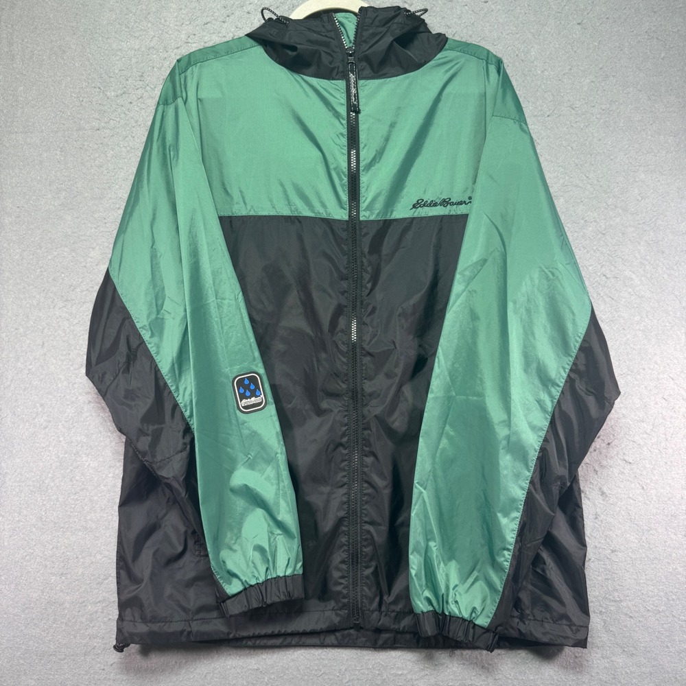 Eddie Bauer Mens Medium Waterproof Nylon Hooded Windbreaker Jacket‎ Green Black - Picture 4 of 13